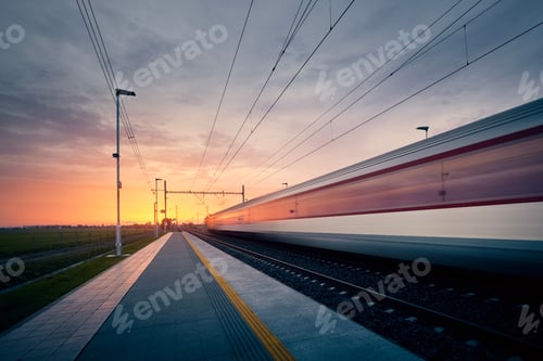 Preview: Long exposure of train on railroad track at sunrise