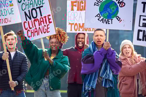 Preview: Group Of Protestors With Placards On Demonstration March Against Climate Chane