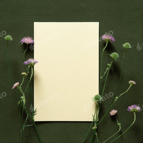 Preview: Bouquet of scabiosa flowers with blank empty card on dark green background