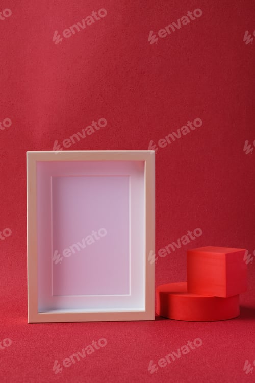 Preview: blank mockup photo freame with display block at red background studio