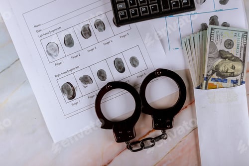 Preview: Crime financial tax police handcuffs on fingerprints crime page file calculator on US dollar
