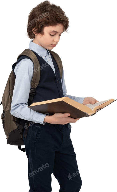 Preview: a young boy wearing a backpack and holding a book