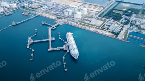 Preview: LNG (Liquified Natural Gas) tanker anchored in Gas terminal gas tanks for storage.