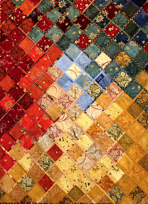 Preview: Handmade patchwork, yellow, red and grey colours