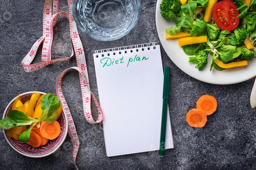 Preview: Healthy salad, clean water and measuring tape.