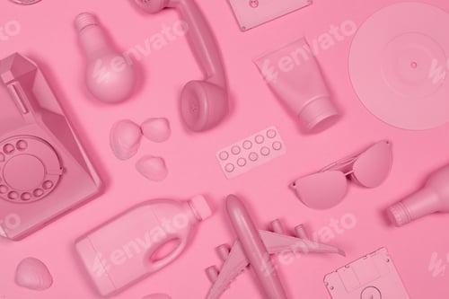 Preview: Various pink objects arranged in an artistic flat lay on a vibrant pink background