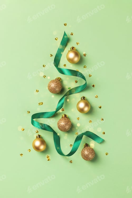 Preview: Christmas card with golden decorations and ribbon on green background