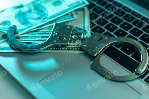 Preview: handcuffs lie on a pack of one hundred euros. High quality photo