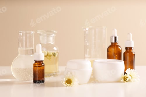 Preview: Skin care products, ingredients and laboratory glassware on table. Dermatology research
