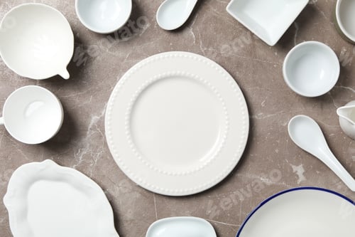 Preview: Minimal table setting with blank dish, top view