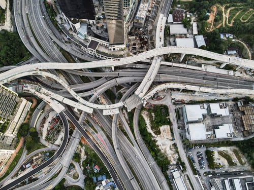 Preview: Aerial view of a complex interchange roads with some still in construction. Editorial