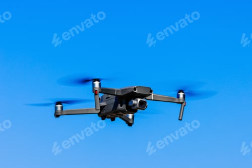 Preview: Drone fly in the blue sky. Drone Filming View. High quality photo.