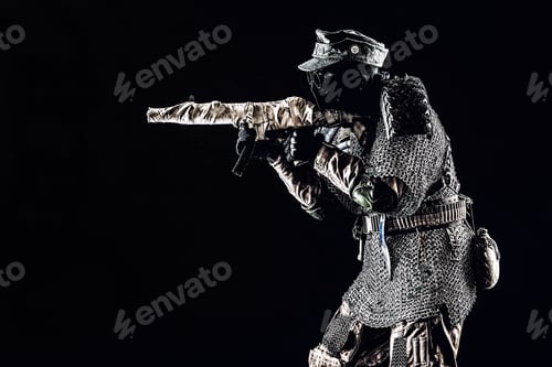 Preview: Post apocalyptic soldier aiming firearm weapon