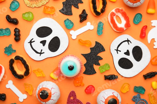 Preview: Tasty candies and Halloween decorations on orange background, flat lay