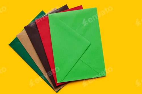 Preview: Red, brown, green envelope on yellow background