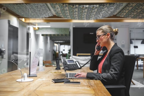 Preview: Businesswoman talking on telephone during work in office