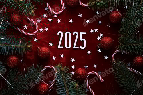 Preview: New Year red 2025 background. Number of the coming year in Christmas decoration.