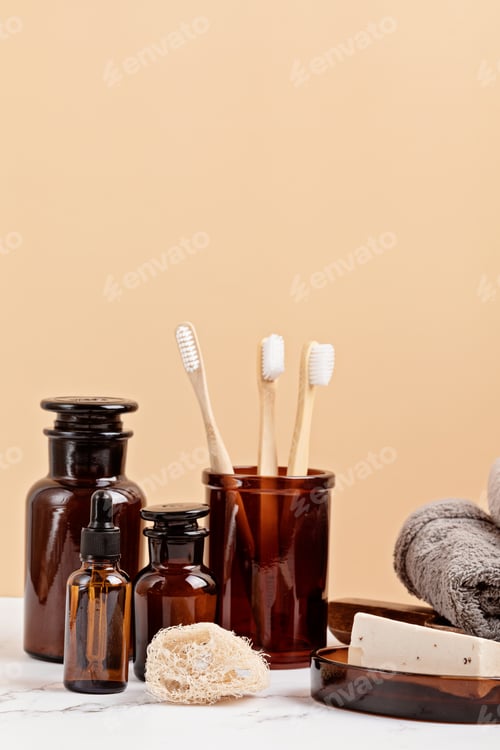 Preview: Bamboo and glass accessories for bath - jars, soap bar, brushes for personal hygiene. Zero waste