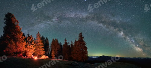 Preview: Panoramic view of two campers on mountain hill at starry night.