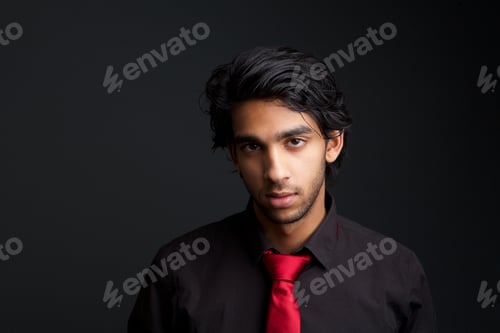 Preview: Man posing in black shirt and red tie