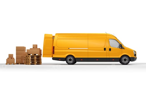 Preview: Parcel delivery in van transportation truck on white.