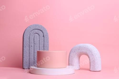 Preview: Pink podium with various colorful pastel geometric