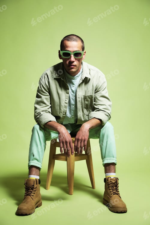 Preview: Fashionable portrait of handsome man in stylish outfit on green background