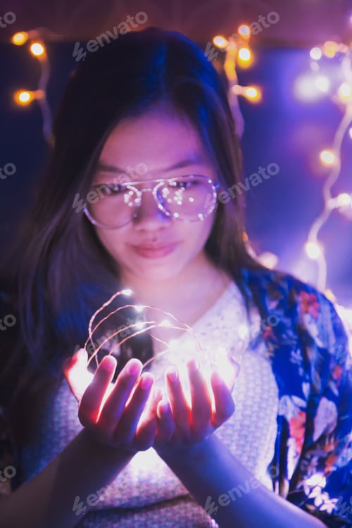 Preview: woman with science and lights in the dark concept