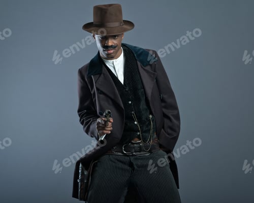 Preview: Shooting Retro Afro America Western Cowboy Man With Mustache. Wearing Brown Hat. Cool Tough Guy.