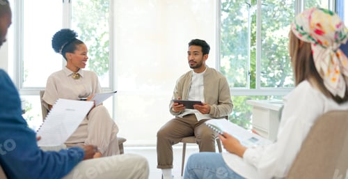 Preview: Businessman, talking or answer hands in diversity workshop, training or feedback on tablet or paper
