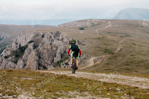 Preview: back male cyclist biking on mountain path
