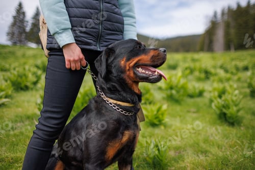 Preview: Close-up of dog of Rottweiler with collar and leash sits near his unknown mistress on meadow