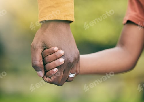 Preview: Park, holding hands and family child, parent and walk in forest, woods and relax journey for love,