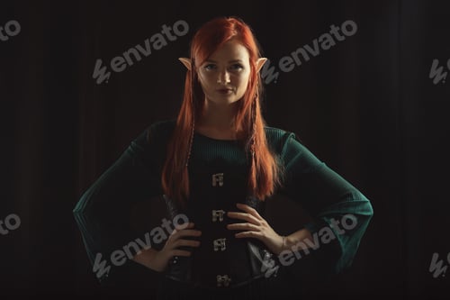 Preview: Beautiful redhead elf girl on black background
