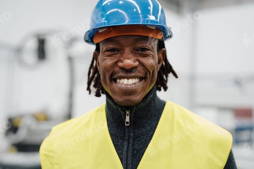 Preview: Happy African engineer man working inside automation factory - Industrial concept