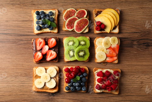 Preview: Tasty toasts with different spreads and fruits on wooden table, flat lay
