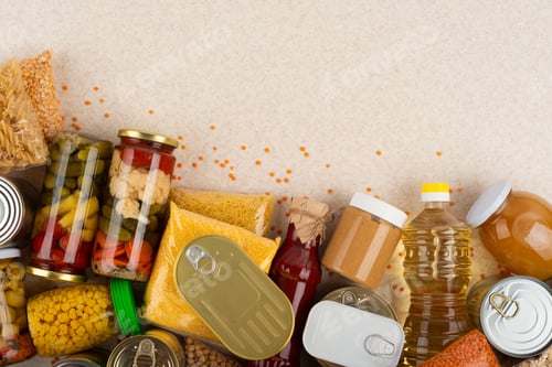 Preview: Emergency groceries food background with copyspace