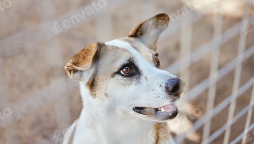 Preview: Dog, animal shelter and animal in an outdoor yard with a steel, metal or iron fence for protection.