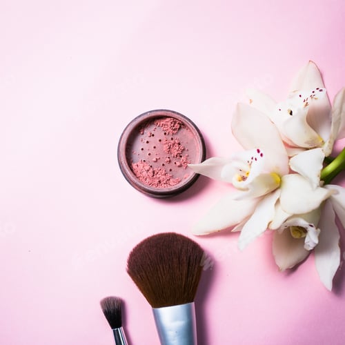 Preview: Powder, brush and flower on pink background