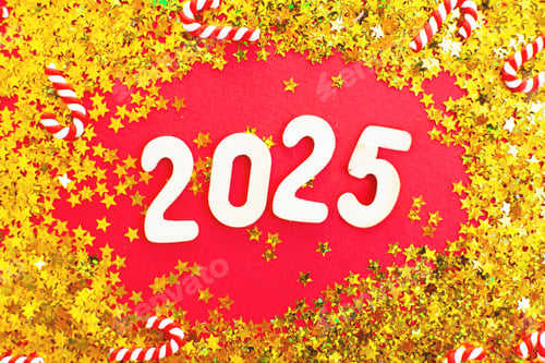 Preview: wooden number 2025 on Christmas shiny red background with golden confetti