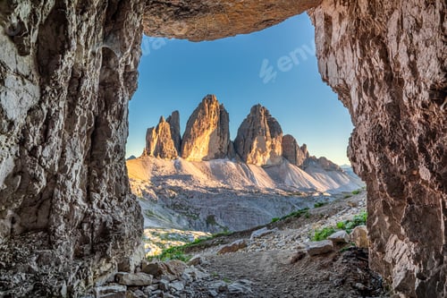 Preview: Tre Cime di Lavaredo from cave in Dolomites, Europe