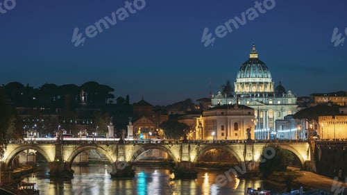 Preview: Vatican, Italy. Papal Basilica Of St. Peter In The Vatican And Aelian Bridge In Evening Night