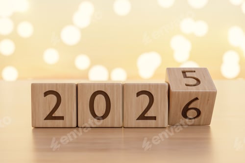 Preview: 2026 new year countdown wooden blocks calendar on counter table in warm light and blurred background