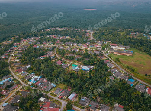 Preview: Drone shot of houses from top view in Felda Air Tawar 4, Kota Tinggi, Johor, Malaysia