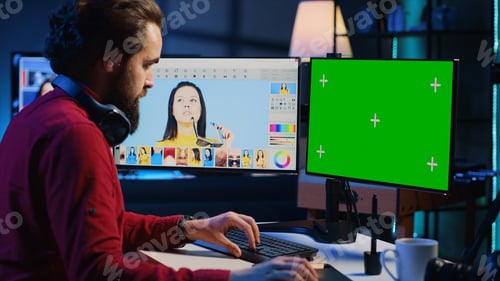 Preview: Photographer adjusting white balance on overexposed pictures on mockup desktop computer