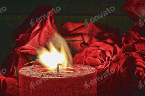 Preview: Red Candle With Red Rose Background And Flame Blowing - Photograph Of A Red Burning Candle With Red