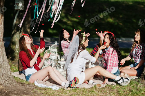 Preview: Happy and sexy girls sitting at picnic table and eating strawberries on bachelorette party