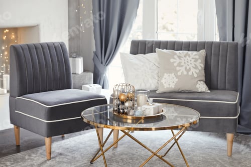 Preview: A set of upholstered furniture consisting of a gray corduroy sofa and an armchair and coffee table