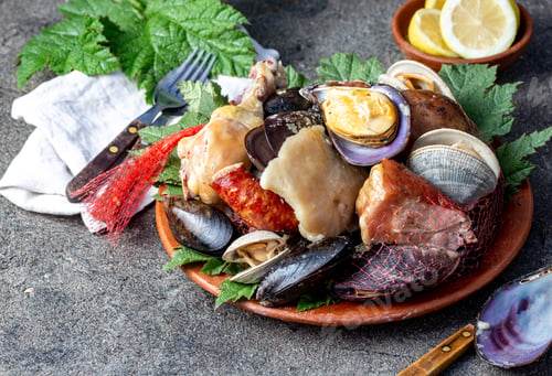 Preview: Curanto Kuranto. Different seafood and meat cooked in a pit on the coals under the ground