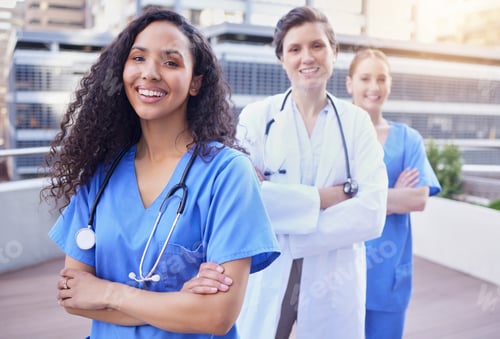 Preview: Healthcare, nurse and doctor in portrait with arms crossed for collaboration, service or empowermen